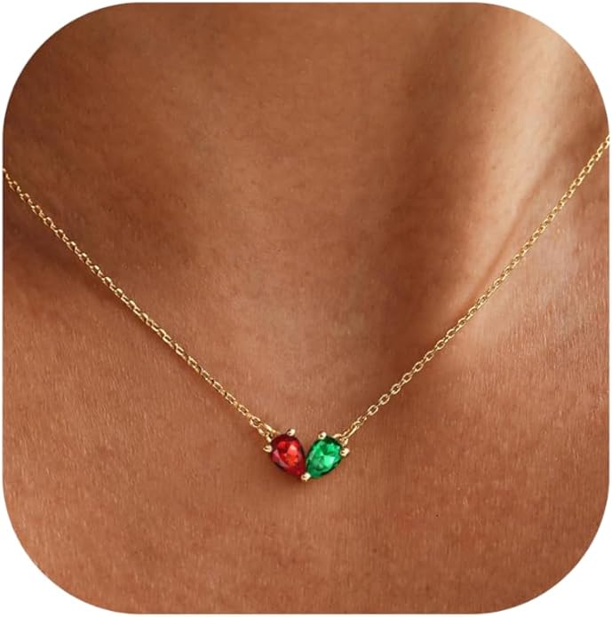 KOHOTA Gold Birthstone Necklace for Women Non Tarnish 14K Gold Plated CZ Heart Pendant Necklaces Dainty 2 Birthstones Emerald Green Charm Necklace for Mother and Daughter Birthday Jewelry Gifts