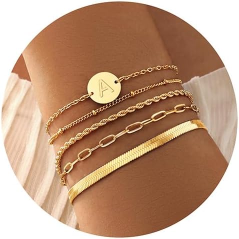 KSF Gold Bracelets for Women Stack - 14K Gold Plated Stackable Bracelets for Women Trendy Initial Bracelet Set Stack Cuban Link Paperclip Chain Jewelry Gifts