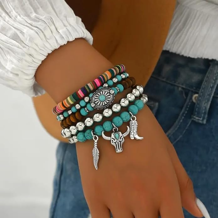 ONLYJUMP Bohemian Mix Bead Multi Layer Versatile Bracelets Set Boho Turquoise Stackable Beaded Strand Stretch Bangles Bracelets Statement Bangle Boho Jewelry Set