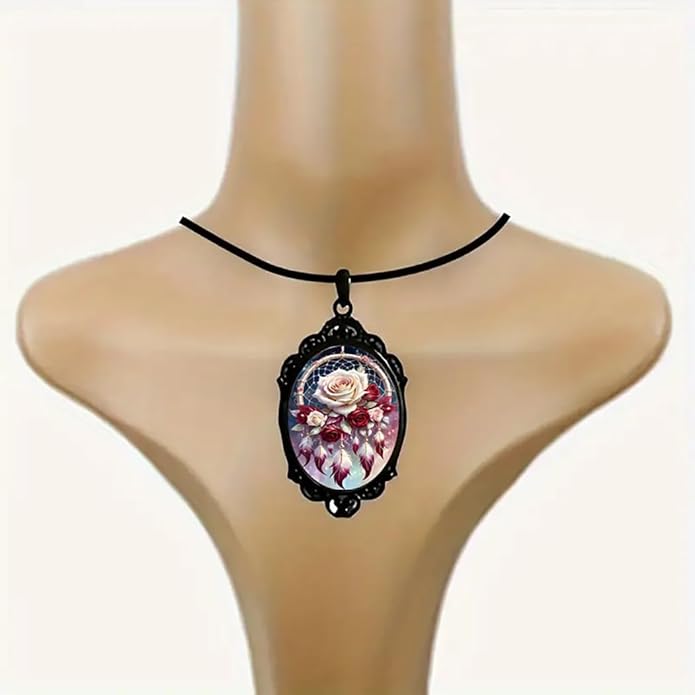 Gothic Rose Glass Necklace for Women Vintage Satan Demon Pendant Halloween Roses Necklaces Dark Punk Style Necklace Victoria Emboss Necklaces Mystic Witch Jewelry Gift Accessories