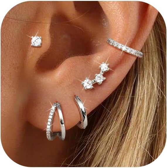 Florideco 925 Sterling Silver Earrings for Women Trendy Hypoallergenic Small Gold Hoop Earrings 14K Gold Plated Stud Earring Sets for Multiple Piercing CZ Ear Cuff Cartilage Earring Stacks