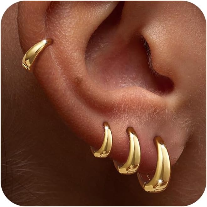 Foxgirl 4 Pairs Small Chunky Huggie Hoop Earrings for Women - Dainty 14K Gold Plated Hypoallergenic Lightweight Stack Earring Sets for Multiple Piercing Trendy Jewelry