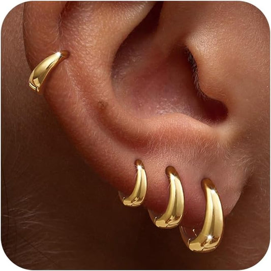 Foxgirl 4 Pairs Small Chunky Huggie Hoop Earrings for Women - Dainty 14K Gold Plated Hypoallergenic Lightweight Stack Earring Sets for Multiple Piercing Trendy Jewelry