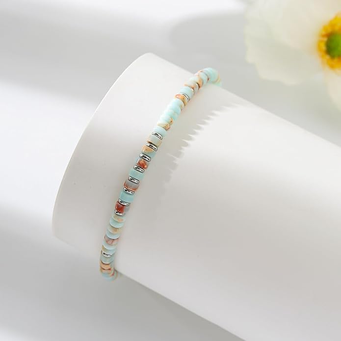 XIJIN Natural Stone Beaded Anklets for Women Handmade Beach Boho Turquoise Beads Ankle Bracelet Jewelry Gift for Her