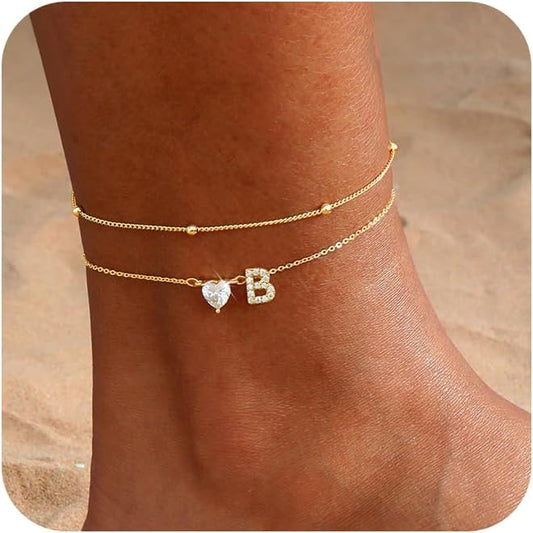CAROVO Gold Ankle Bracelets for Women Waterproof 14K Real Gold Plated CZ Initial Anklet for Women Dainty Layered Letter A-Z Heart Ankle Bracelets Handmade Adjustable Anklet Summer Beach Jewelry
