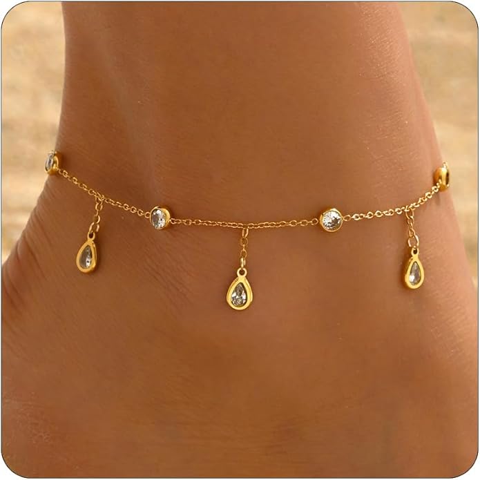 Anklet Bracelets for Women 18K Gold Plated Tennis Anklets Dainty Sapphire Paperclip Pearl Sequin Droplet Adjustable Large Anklet Bracelets Simple Beach Summer Waterproof Foot Jewelry