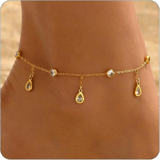 Anklet Bracelets for Women 18K Gold Plated Tennis Anklets Dainty Sapphire Paperclip Pearl Sequin Droplet Adjustable Large Anklet Bracelets Simple Beach Summer Waterproof Foot Jewelry