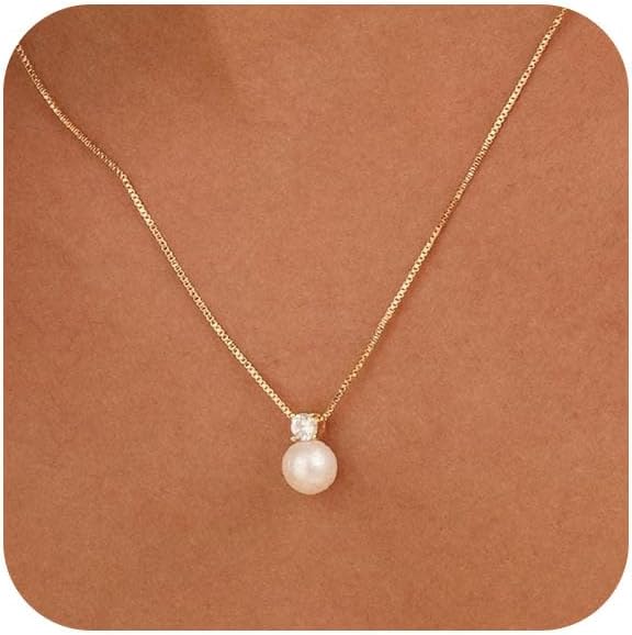 Pearl Necklace for Women Trendy,14k Gold Plated Necklace Dainty Wedding Necklace Small Cute Choker Necklace Beaded Lariat Drop Necklace Vintage Waterproof Jewelry for Women Gold Jewelry Fashion Gifts