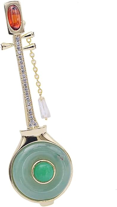 14K Gold Pipa-Shaped Brooch with Moissanite Accents - Elegant Chinoiserie Handcrafted Jewelry, Unique Shawl Pin for Women, Ideal Gift for Birthdays and Special Events