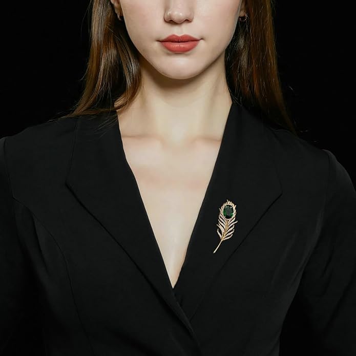 14K Gold Feather Brooch Pin with Moissanite Inlay - Elegant Coat and Suit Accessory for Women, Fashionable Business Attire Enhancement