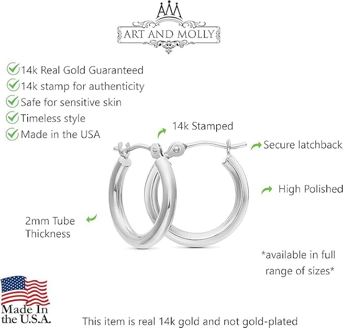 14k White Gold Polished Real Gold Hoop Earrings, Plain Round Gold Hoops, White Gold Hoop Earrings