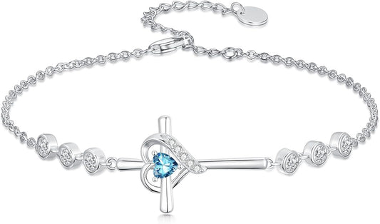 Cross Birthstone Charm Link Bracelet 925 Sterling Silver Cross Bracelet with 12 Months Birthstone Religious Christian Jewelry Gifts for Women Mom Her,Chain Length 7"+2" Extend