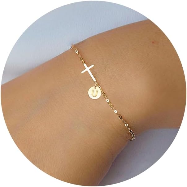 Sotcking Stuffers for Teens, Cross Bracelet for Women Dainty Cross Bracelet with Initials Link Chain Bracelets Christian Gifts for Women Teens Easter Baptism Religious Jewelry
