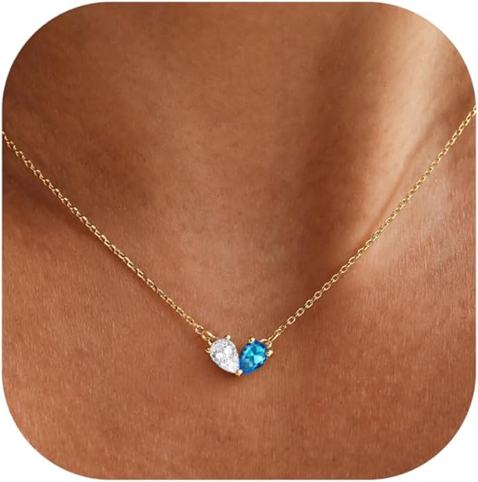 KOHOTA Gold Birthstone Necklace for Women Non Tarnish 14K Gold Plated CZ Heart Pendant Necklaces Dainty 2 Birthstones Emerald Green Charm Necklace for Mother and Daughter Birthday Jewelry Gifts
