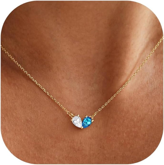 KOHOTA Gold Birthstone Necklace for Women Non Tarnish 14K Gold Plated CZ Heart Pendant Necklaces Dainty 2 Birthstones Emerald Green Charm Necklace for Mother and Daughter Birthday Jewelry Gifts