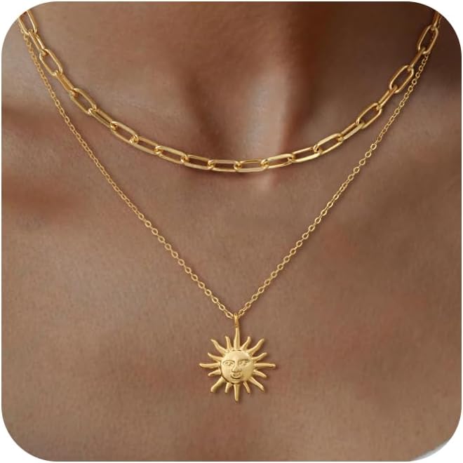CHESKY Layered Necklaces for Women Trendy, Dainty 14k Gold Plated Pendant Necklace Layering Necklace for Women Non Tarnish Hypoallergenic Sun Gold Necklace Stack Gold Jewelry for Women Gifts