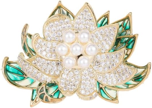 14K Gold Natural Peal Brooch with Lotus Design, High-End Elegant Vintage Chinese Style Accessory, Pearl Flower Brooch, Rhinestone/Crystal Brooches for Women