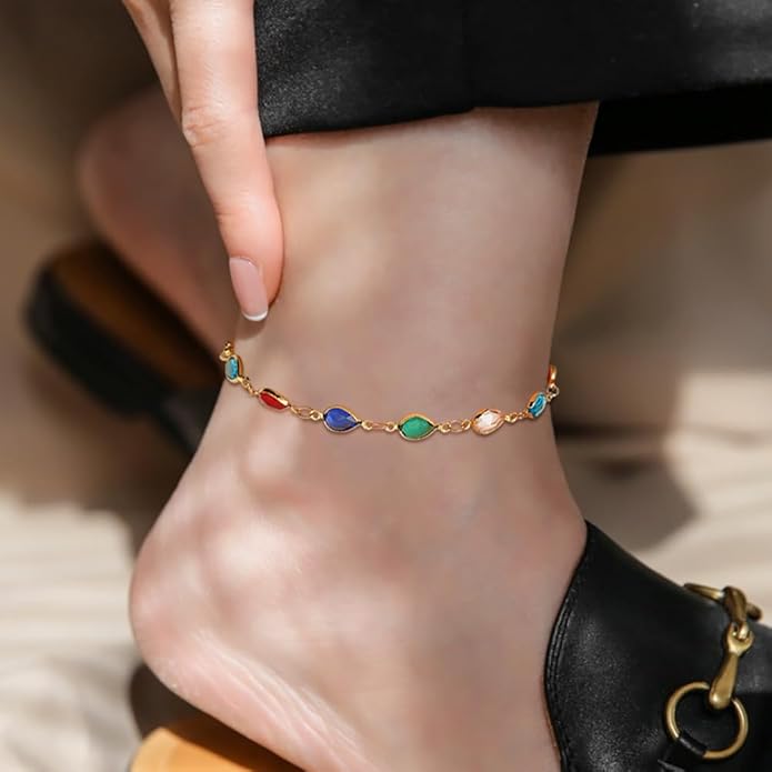 18K Gold Plated Anklet for Women Multicolor Crystal Ankle Bracelets Boho Adjustable Chain Anklets