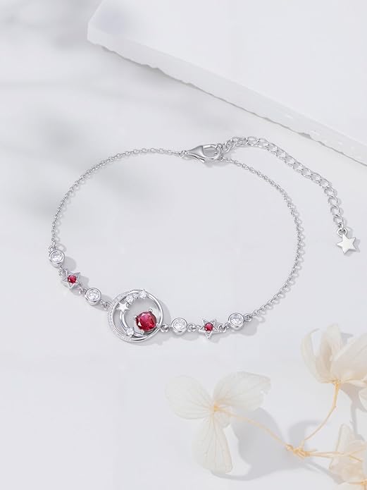 Moon and Star Birthstone Charm Link Bracelet 925 Sterling Silver Moon and Star Bracelet with 12 Months Birthstone Birthday Jewelry Gifts for Women Mom Her,Chain Length 7"+2" Extend