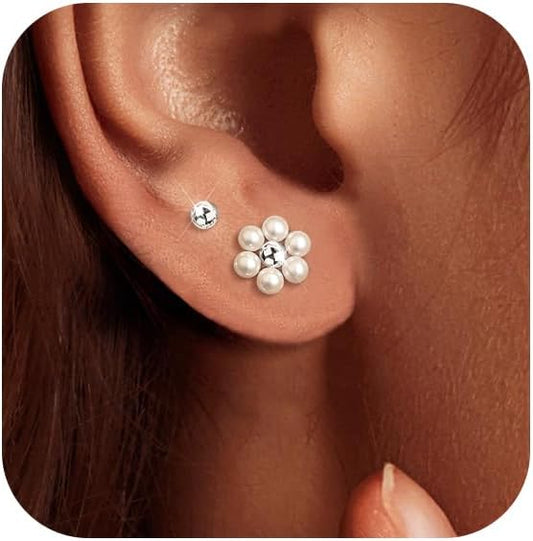 IMBOS Pearl Earrings 14k Gold Plated Daisy Flower Stud Earrings for Women Ball Stud Flat Back Earring Hypoallergenic Statement Earring Trendy Jewelry Gift for Women