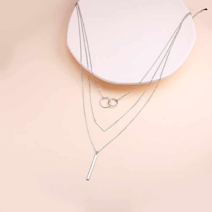 S925 Sterling Silver Layered Necklaces Multi 3 Layer Circle Bar Boho Long Triple Choker Pendant Necklace Jewerly Gift for Women