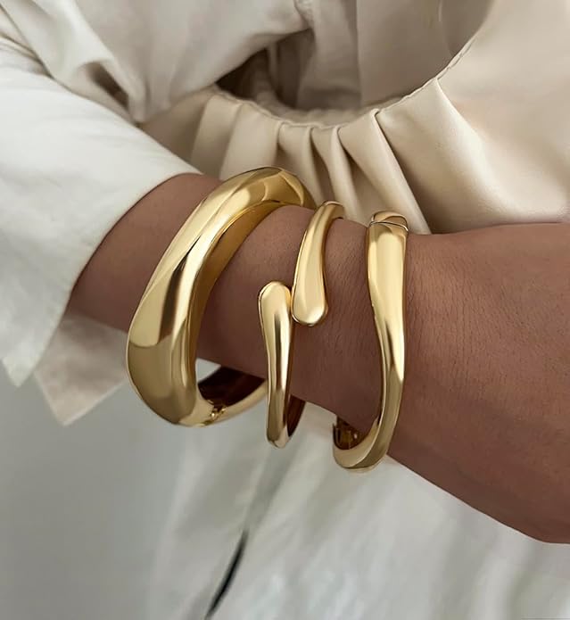 Chunky Gold Bangle Bracelets for Women, Dainty 14k Gold Plated Big Stackable Bangles Set, Trendy Statement Cuff Bracelet Stack Fashion Jewelry Gifts
