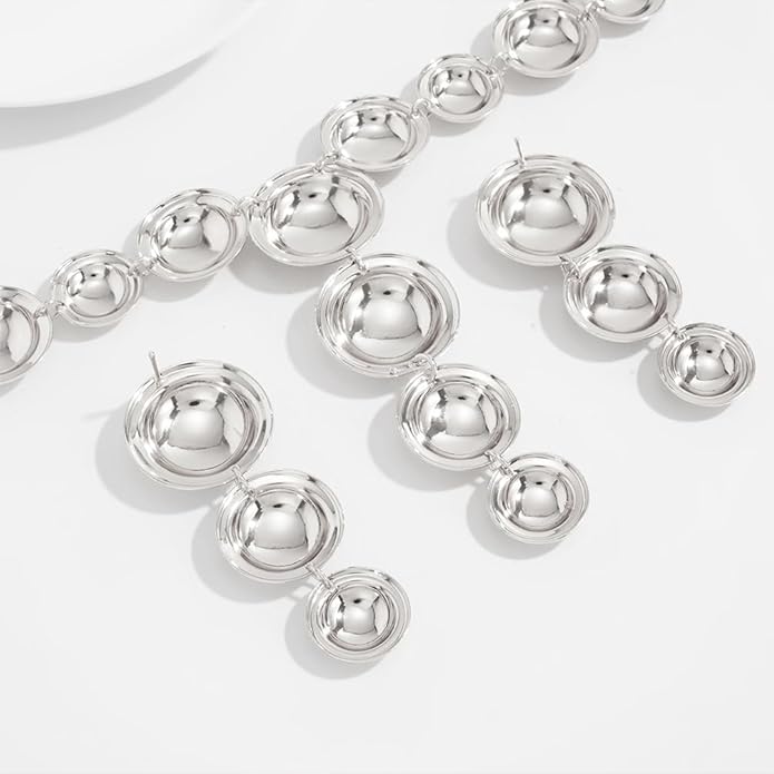Exaggerated Chunky Gold Choker Long Y Necklace Round Drop Earring Set for Women Unique Big Geometry Silver Necklaces Large Dangly Earring Jewelry Gift