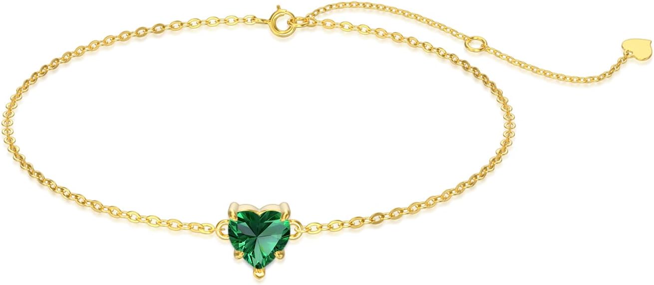 14k Gold Love Heart Gemstone Bracelet for Women,7MM Heart-cut Created Birthstone Anniversary Birthday Mother's Day Bracelets Jewelry for Mom Her 6.5''+2''