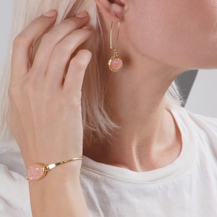 Simulated Druzy Threader Drop Earrings for Women - Gold, Silver, or Rose Gold Tone Trendy Boho Dangles with Sparkly Round Stone