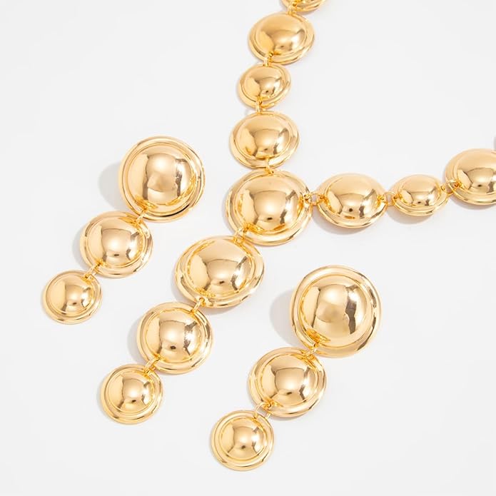 Exaggerated Chunky Gold Choker Long Y Necklace Round Drop Earring Set for Women Unique Big Geometry Silver Necklaces Large Dangly Earring Jewelry Gift