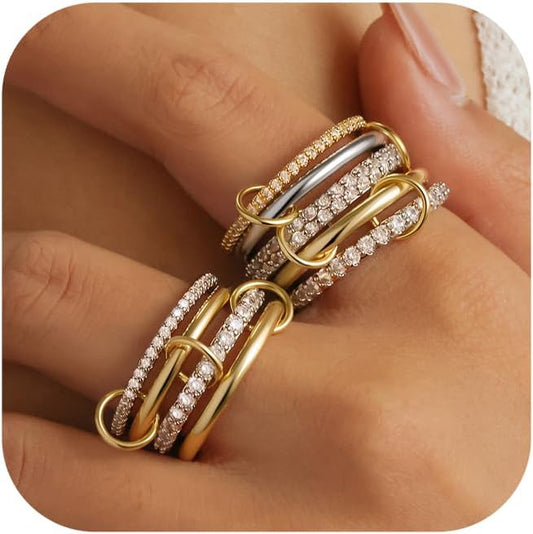 FUSAHURIY 2PCS Gold Stackable Rings Set for Women, 14K Gold Plated Interlocking Linked Rings with Cubic Zirconia, Gold Silver Mixed Metal Stackable Ring, Statement Jewelry Gifts