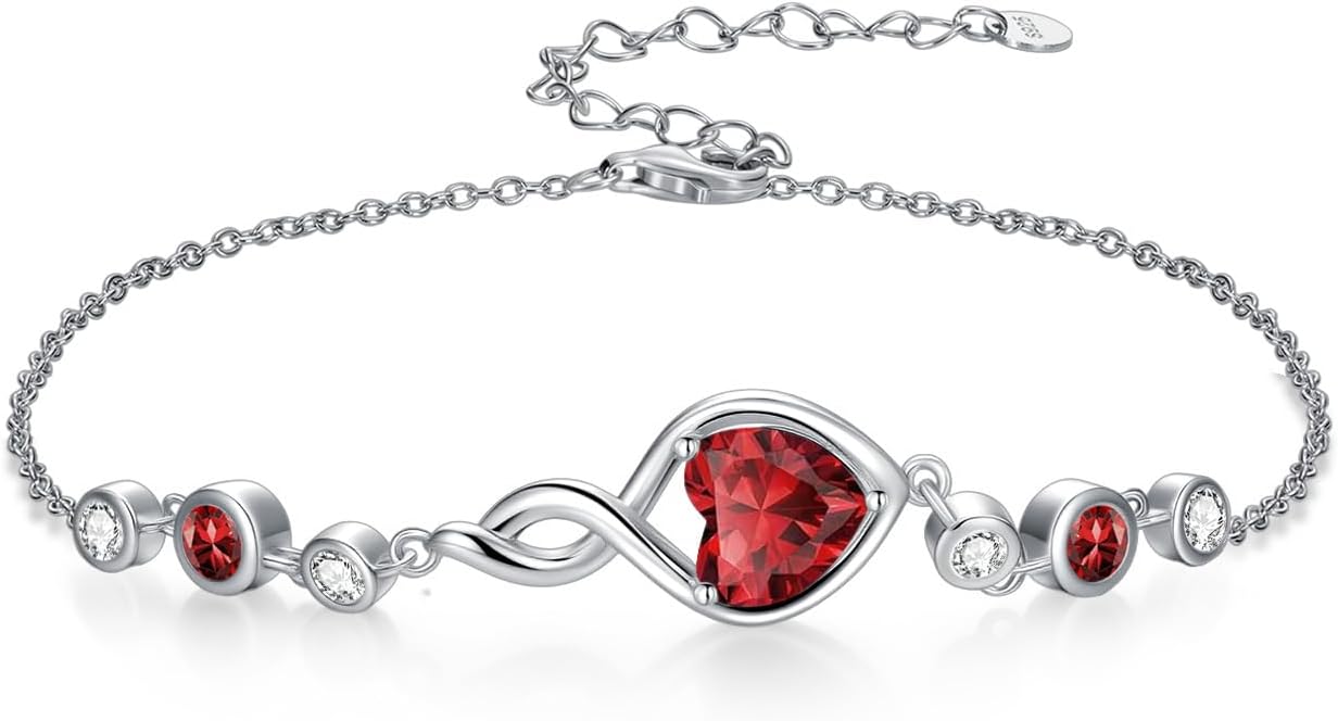 Infinity Birthstone Bracelet 925 Sterling Silver Heart Love Infinity Link Bracelet Fine Jewelry Birthday Christmas Gifts for Women Girlfriend Wife