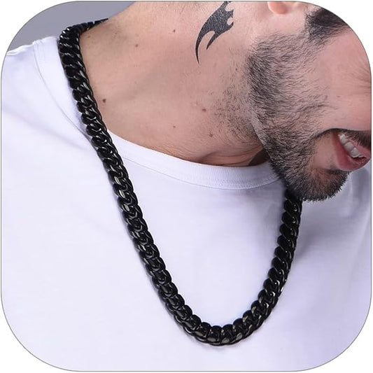 ChainsHouse Miami Cuban Link Chain Necklace for Men, 4.8mm/6mm/10mm/14mm Width, 14K Gold Plated/Stainless Steel/Black Mens Chunky Hip Hop Necklace Curb Chains, 14"-30" Length, Come Gift Box