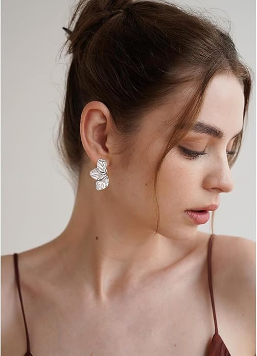 Chunky Gold Statement Earrings For Women Gold Plated Sectored Flower Leaf Shell Angel Wing Earrings Large Stud Earrings Hypoallergenic Earrings