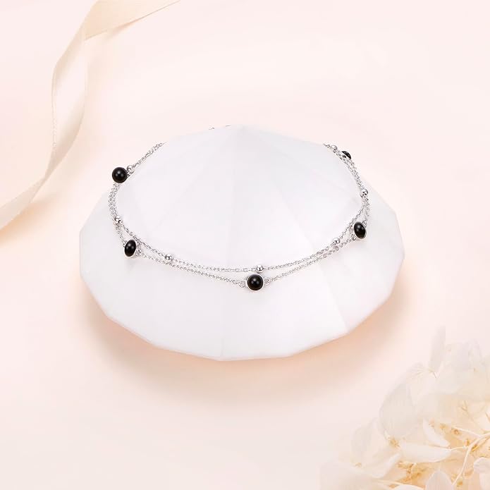 FLYOW Anklet for Women S925 Sterling Silver Adjustable Foot Beaded Heart Charm Ankle Bracelet Anklets Jewelry