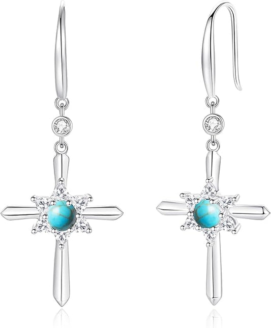 FANCIME Cross Dangle Drop Earrings 925 Sterling Silver Dainty Round Birthstone Earring Fine Jewelry Birthday Gifts for Her Women