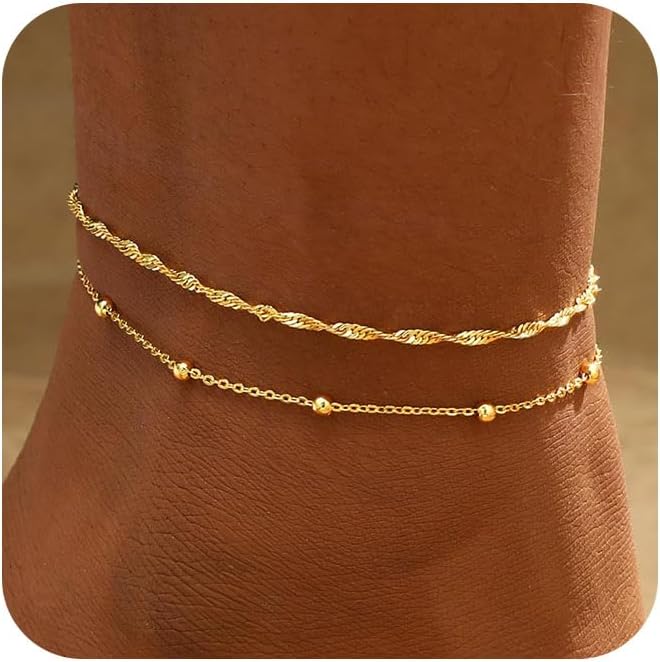 2/3 PCS Gold Anklets for Women Waterproof Cuban Link Anklet Beaded Bracelets Stackable Bracelets 14K Gold Plated Custom Jewelry Gifts Non Tarnish Lightweight