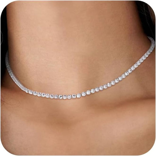 Tennis Necklace for Women, 14K Gold/Silver Plated Rhinestone Choker Necklaces for Women, Dainty Cubic Zirconia Cut Faux Diamond Chain