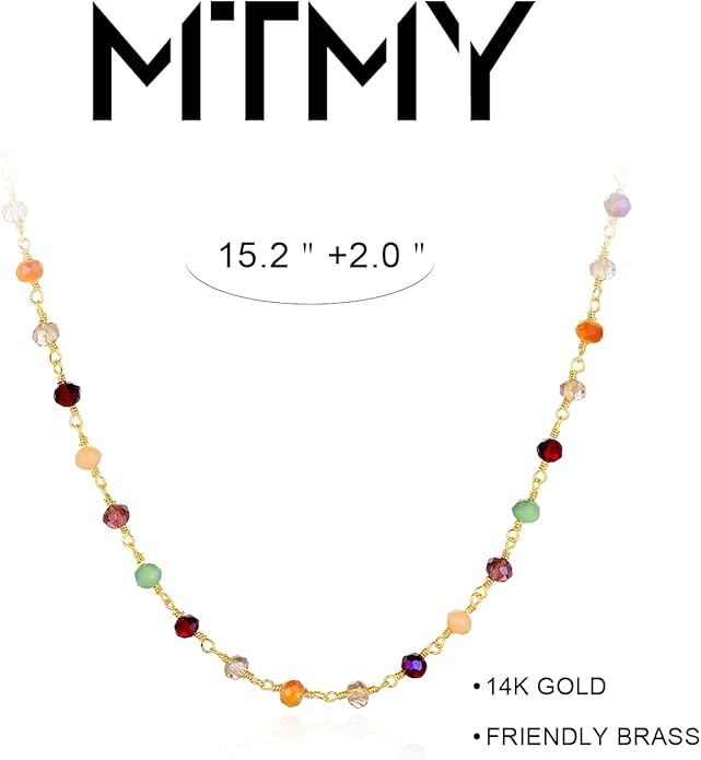 MTMY Beaded Necklaces for Women 14K Gold Plated Dainty Colorful Green/Rose Beaded Pearl Choker Necklace Delicate Boho Choker Necklace Jewelry Gift
