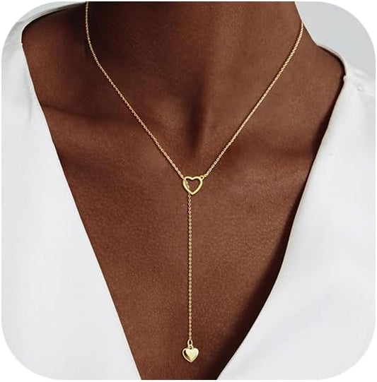 Luxval Lariat Gold Necklace for Women, Dainty Long Necklace 14k Gold Plated/Silver Y-Shaped Pendant Necklaces Trendy Beaded Chain Drop Necklaces Jewelry for Women Gifts