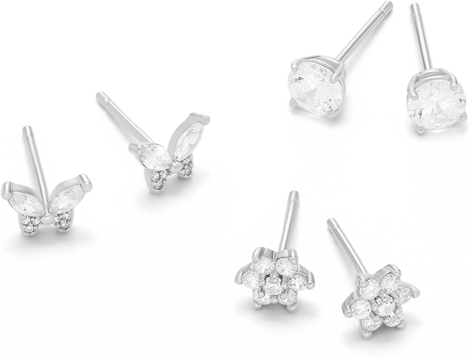 Amazon Essentials Plated Cubic Zirconia Butterfly and Flower Earring Set