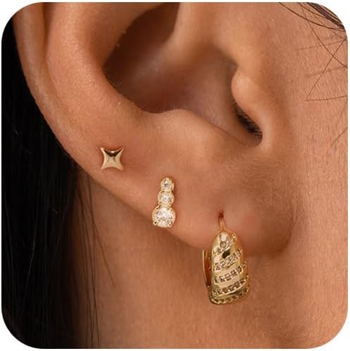 Gold Hoop Earrings Set for Women Trendy, 14K Gold Plated Chunky Hypoallergenic Small Diamond Cartilage Hoops Cute Cubic Zirconia Dangle Stud Earrings Jewelry Gifts