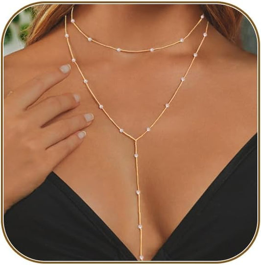 Lariat Gold Necklace for Women, Dainty Long Necklace 14k Gold Plated/Silver Y-Shaped Layered Beaded Chain Drop Necklaces for Women Trendy Simple Gold Jewelry for Women Gifts