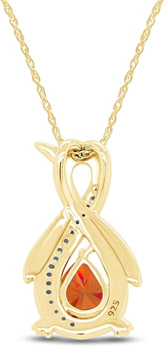 Infinity Penguin Pendant Necklace for Women, 14K Gold Over Sterling Silver with Pear & Round Cut Simulated Birthstone & White Diamond Accents, Dainty Animal Jewelry Gift with 18" Chain