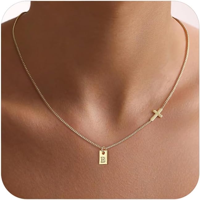 Cross Necklace for Women with Initial, 14K Gold Plated Dainty Cross Pendant Choker Initial Gold Necklace for Women Jewelry Gift