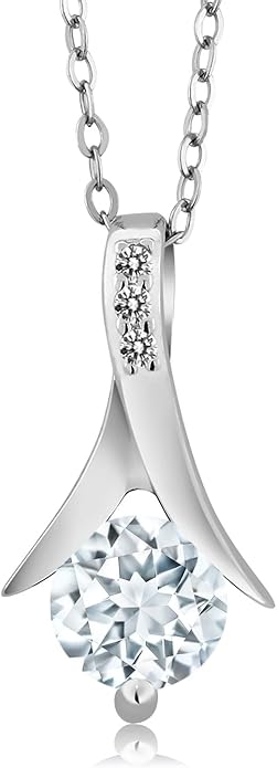 Gem Stone King 2.30 Cttw Sky Blue Aquamarine and White Diamond Pendant Earrings Jewelry Set Gift Set For Women | 925 Sterling Silver | 6MM Round Cut | With 18 Inch Silver Chain