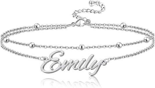 Personalized Name Ankle Bracelet for Women Custom Layered Name Anklet with Initials 18K Gold Plated Graduation Gift Customized Anklets for Women 8.7”-10.7”