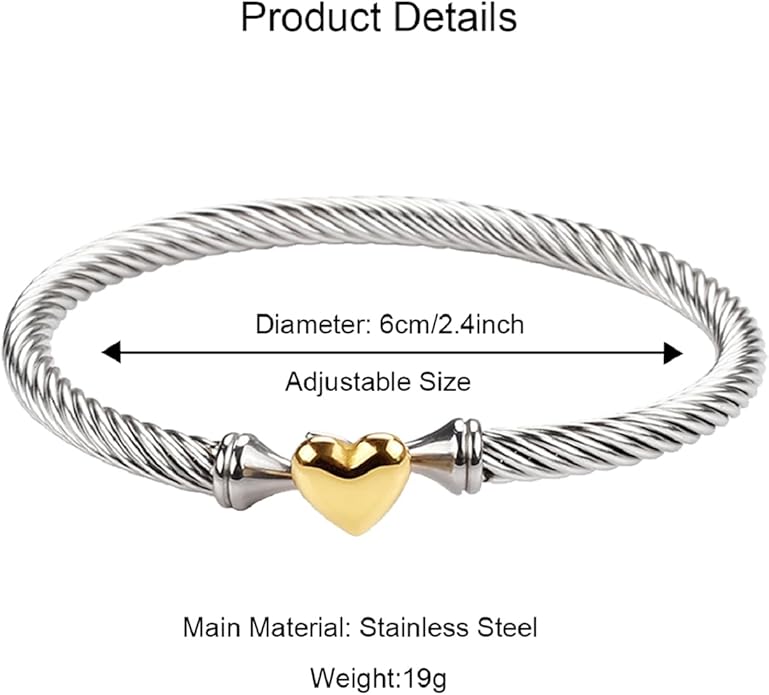 Adjustable Twist Stainless Steel Cable Wire 14K Gold Plated Love Heart Charm Bracelets Friendship Open Bangle Wrist Cuff for Women Men