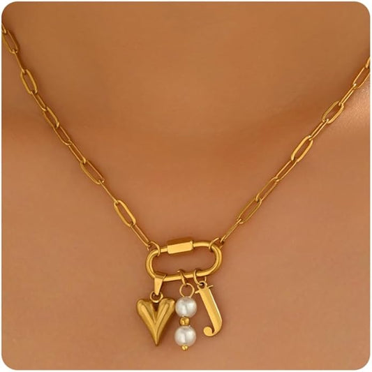 Gold Heart Initial Necklaces for Women 18K Gold Plated Dainty Pearl Letter Necklace Personalized Monogram Name A-Z Pendant Everyday Jewelry for Women