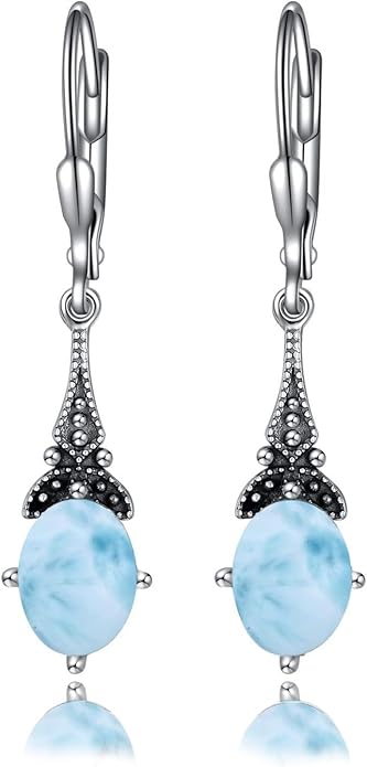 AOBOCO Vintage Earrings for Women Sterling Silver Retro Drop Dangle Leverback Earrings with 8x6mm Oval Genuine or Simulated Birthstone Crystal from Austria, Anniversary Jewelry Gifts for Her Women